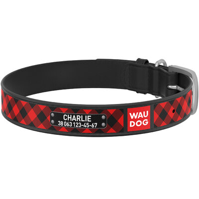 Dog collar WAUDOG Design with pattern "Red tartan", genuine leather, metal buckle Black