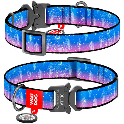 Nylon dog collar WAUDOG Nylon with QR passport with pattern "Dreamcatcher", melal buckle-fastex with an area for engraving 
