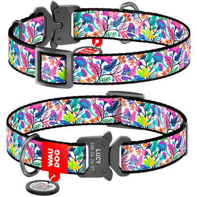 Nylon dog collar WAUDOG Nylon with QR passport with pattern "Magic flowers", melal buckle-fastex with an area for engraving 