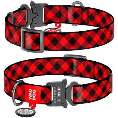 Nylon dog collar WAUDOG Nylon with QR passport with pattern "Red tartan", melal buckle-fastex with an area for engraving 