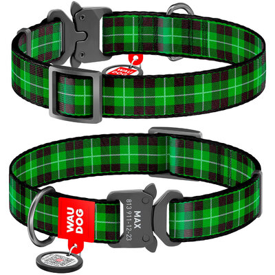 Nylon dog collar WAUDOG Nylon with QR passport with pattern "Green tartan", melal buckle-fastex with an area for engraving 
