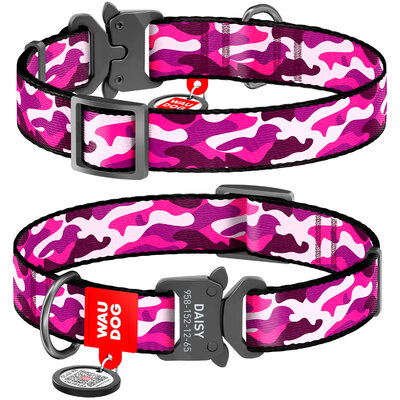 Nylon dog collar WAUDOG Nylon with QR passport with pattern "Pink camo", melal buckle-fastex with an area for engraving 