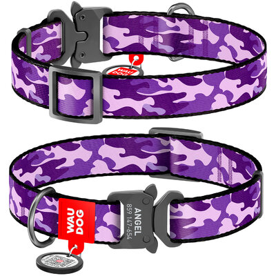 Nylon dog collar WAUDOG Nylon with QR passport with pattern "Purple camo", melal buckle-fastex with an area for engraving 