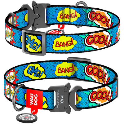 Nylon dog collar WAUDOG Nylon with QR passport with pattern "WOW", melal buckle-fastex with an area for engraving 