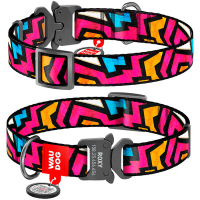 Nylon dog collar WAUDOG Nylon with QR passport with pattern "Graffiti", melal buckle-fastex with an area for engraving 