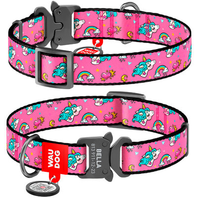 Nylon dog collar WAUDOG Nylon with QR passport with pattern "Unicorns", melal buckle-fastex with an area for engraving 