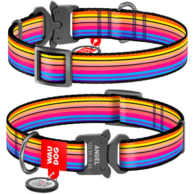 Nylon dog collar WAUDOG Nylon with QR passport with pattern "Lines 1", melal buckle-fastex with an area for engraving 