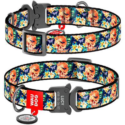 Nylon dog collar WAUDOG Nylon with QR passport with pattern "Glamour skulls", melal buckle-fastex with an area for engraving 
