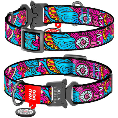Nylon dog collar WAUDOG Nylon with QR passport with pattern "Summer", melal buckle-fastex with an area for engraving