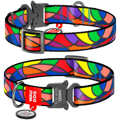 Nylon dog collar WAUDOG Nylon with QR passport with pattern "Vitrage", melal buckle-fastex with an area for engraving