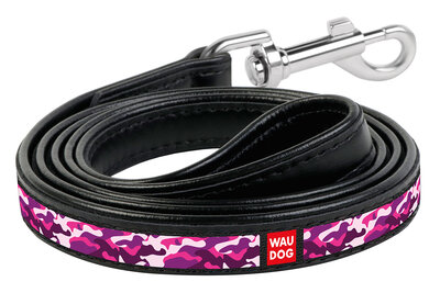 Dog leash WAUDOG Design with pattern "Pink camo", genuine leather Black