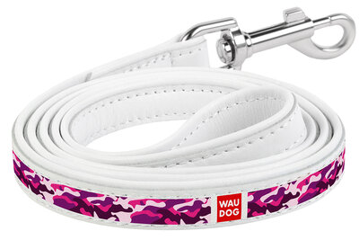 Dog leash WAUDOG Design with pattern "Pink camo", genuine leather White
