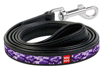 Dog leash WAUDOG Design with pattern "Purple camo", genuine leather Black