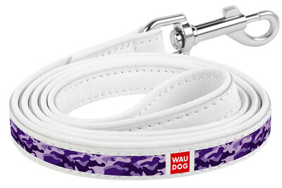 Dog leash WAUDOG Design with pattern "Purple camo", genuine leather White
