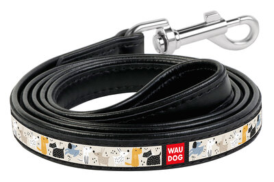 Dog leash WAUDOG Design with pattern "Dogs for a walk", genuine leather Black
