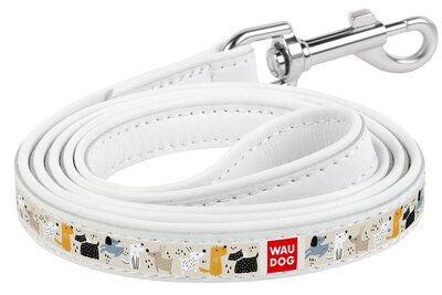Dog leash WAUDOG Design with pattern "Dogs for a walk", genuine leather White