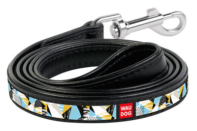 Dog leash WAUDOG Design with pattern "Abstraction", genuine leather Black