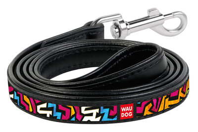 Dog leash WAUDOG Design with pattern "Graffiti", genuine leather Black