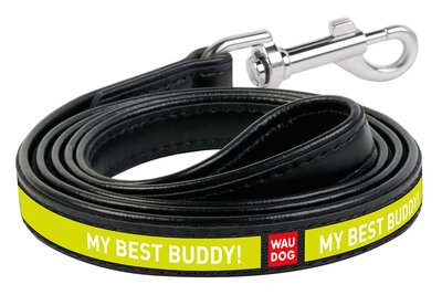 Dog leash WAUDOG Design with pattern "Buddy", genuine leather Black