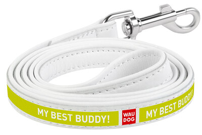 Dog leash WAUDOG Design with pattern "Buddy", genuine leather White
