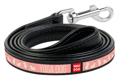 Dog leash WAUDOG Design with pattern "Yoga dog", genuine leather Black