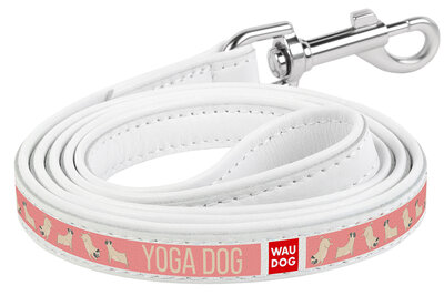 Dog leash WAUDOG Design with pattern "Yoga dog", genuine leather White