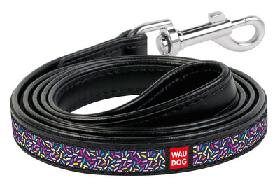 Dog leash WAUDOG Design with pattern "Confetti", genuine leather Black