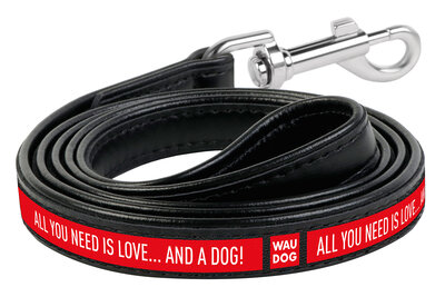 Dog leash WAUDOG Design with pattern "Love and dogs", genuine leather Black