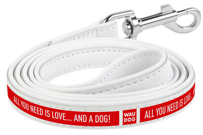Dog leash WAUDOG Design with pattern "Love and dogs", genuine leather White