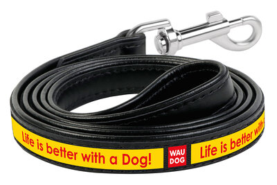 Dog leash WAUDOG Design with pattern "Better life", genuine leather Black