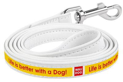 Dog leash WAUDOG Design with pattern "Better life", genuine leather White