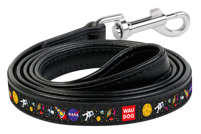Dog leash WAUDOG Design with pattern "NASA", genuine leather Black