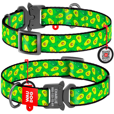 Nylon dog collar WAUDOG Nylon with QR passport with pattern "Avocado", melal buckle-fastex with an area for engraving 