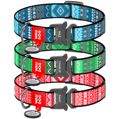 Nylon dog collar WAUDOG Nylon with QR passport with pattern "Ethno", melal buckle-fastex with an area for engraving
