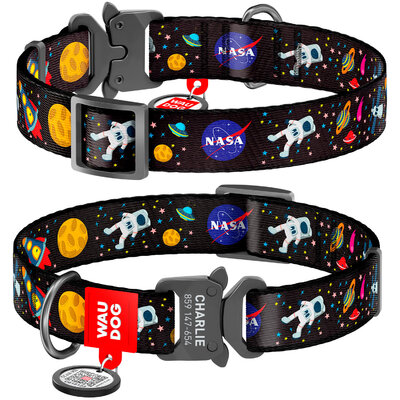 Nylon dog collar WAUDOG Nylon with QR passport with pattern "NASA", melal buckle-fastex with an area for engraving 25-35 cm 15 mm